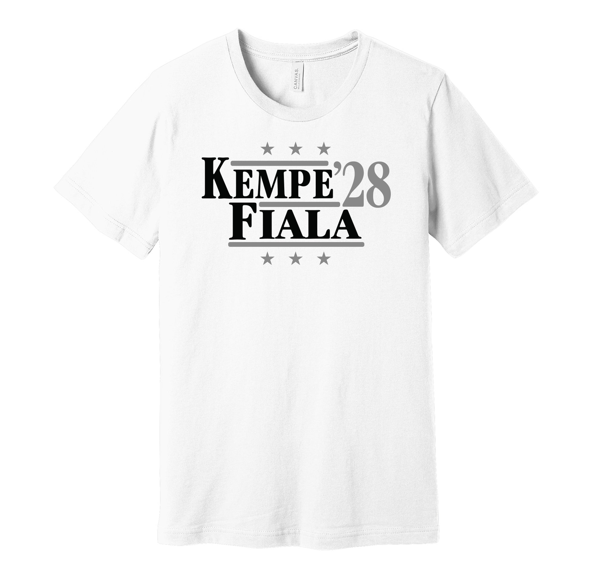 LA Kings retro political campaign parody white t-shirt featuring Adrian Kempe and Kevin Fiala '28, designed in a vintage election style by Hyper Than Hype Shirts.