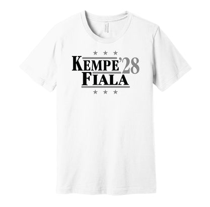 LA Kings retro political campaign parody white t-shirt featuring Adrian Kempe and Kevin Fiala '28, designed in a vintage election style by Hyper Than Hype Shirts.