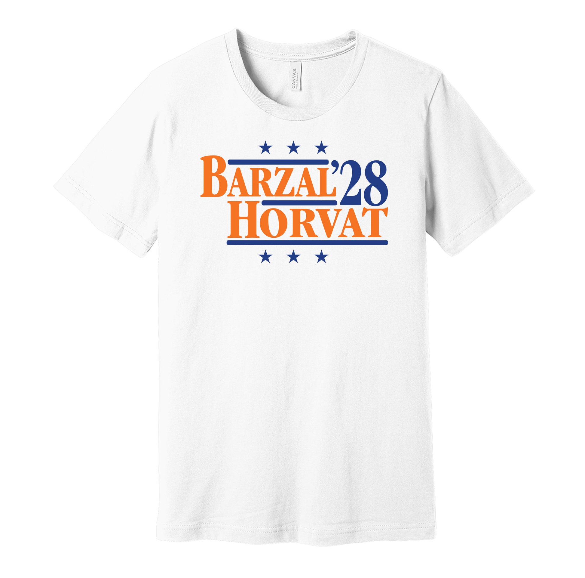New York Islanders retro political campaign parody white t-shirt featuring Mathew Barzal and Bo Horvat '28 design