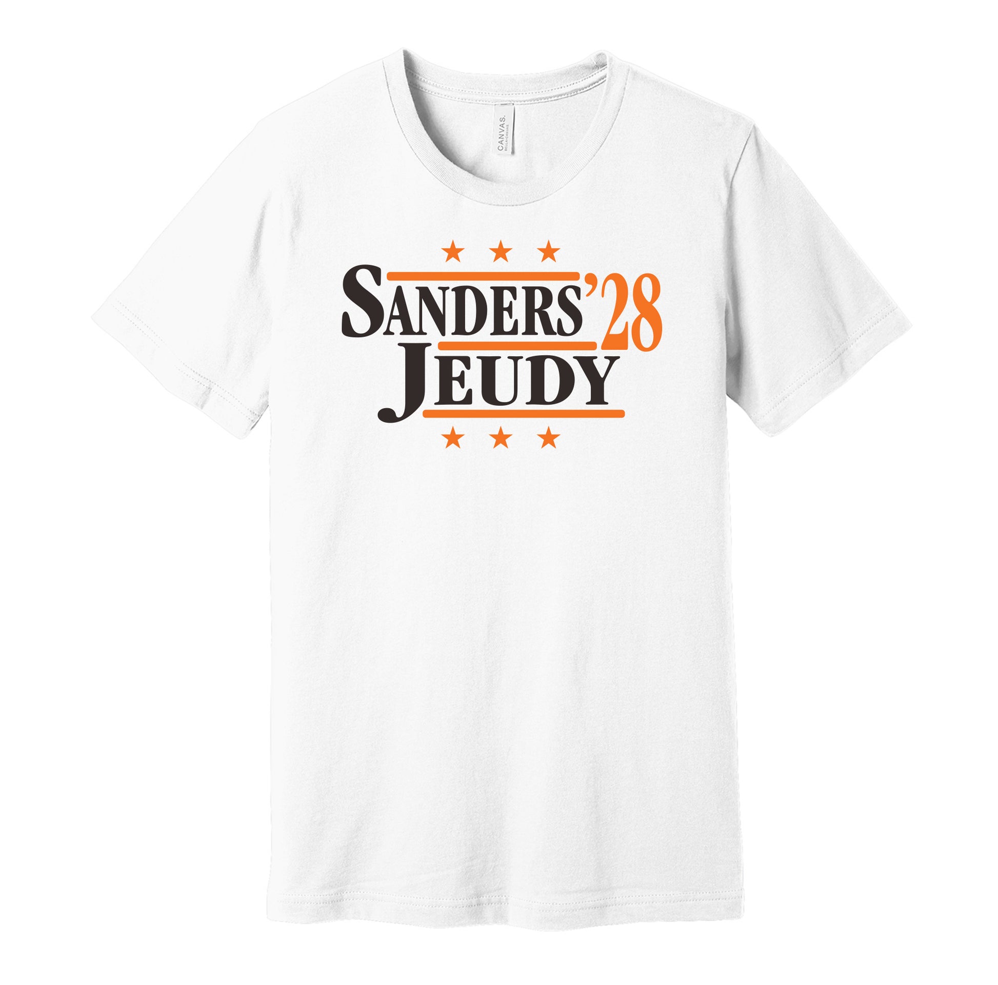 Cleveland Browns retro political campaign parody white t-shirt featuring Shedeur Sanders and Jerry Jeudy '28, designed in a vintage election style by Hyper Than Hype Shirts.