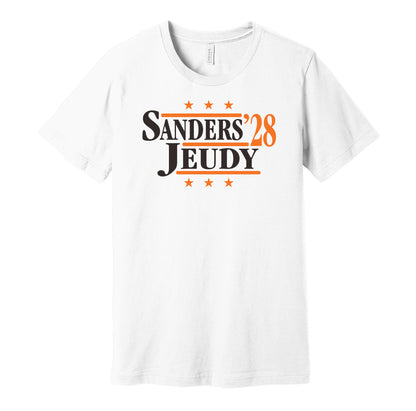 Cleveland Browns retro political campaign parody white t-shirt featuring Shedeur Sanders and Jerry Jeudy '28, designed in a vintage election style by Hyper Than Hype Shirts.