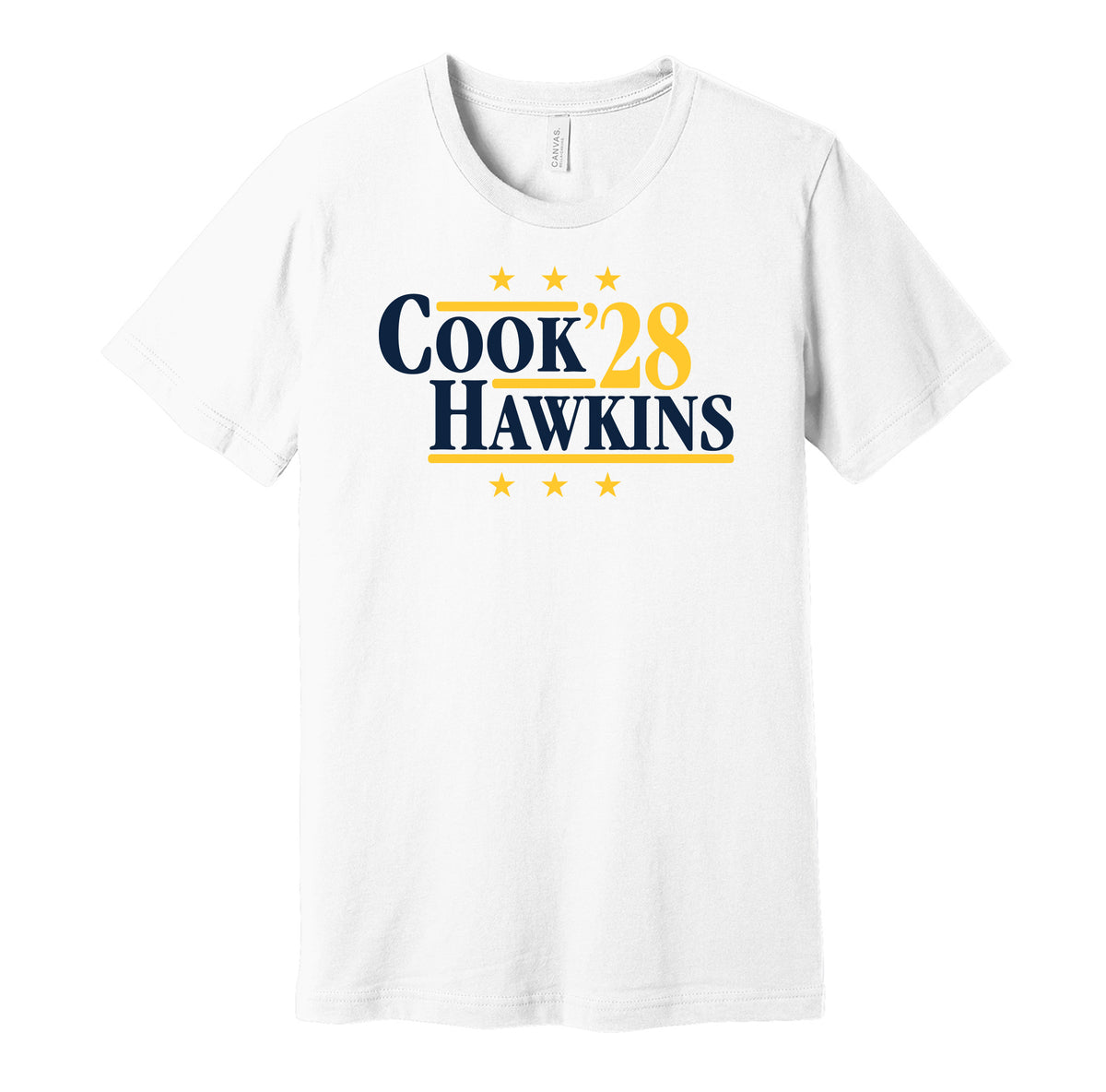 West Virginia Mountaineers retro political campaign parody white t-shirt featuring Cam Cook and Michael Hawkins Jr. '28, designed in a vintage election style by Hyper Than Hype Shirts.