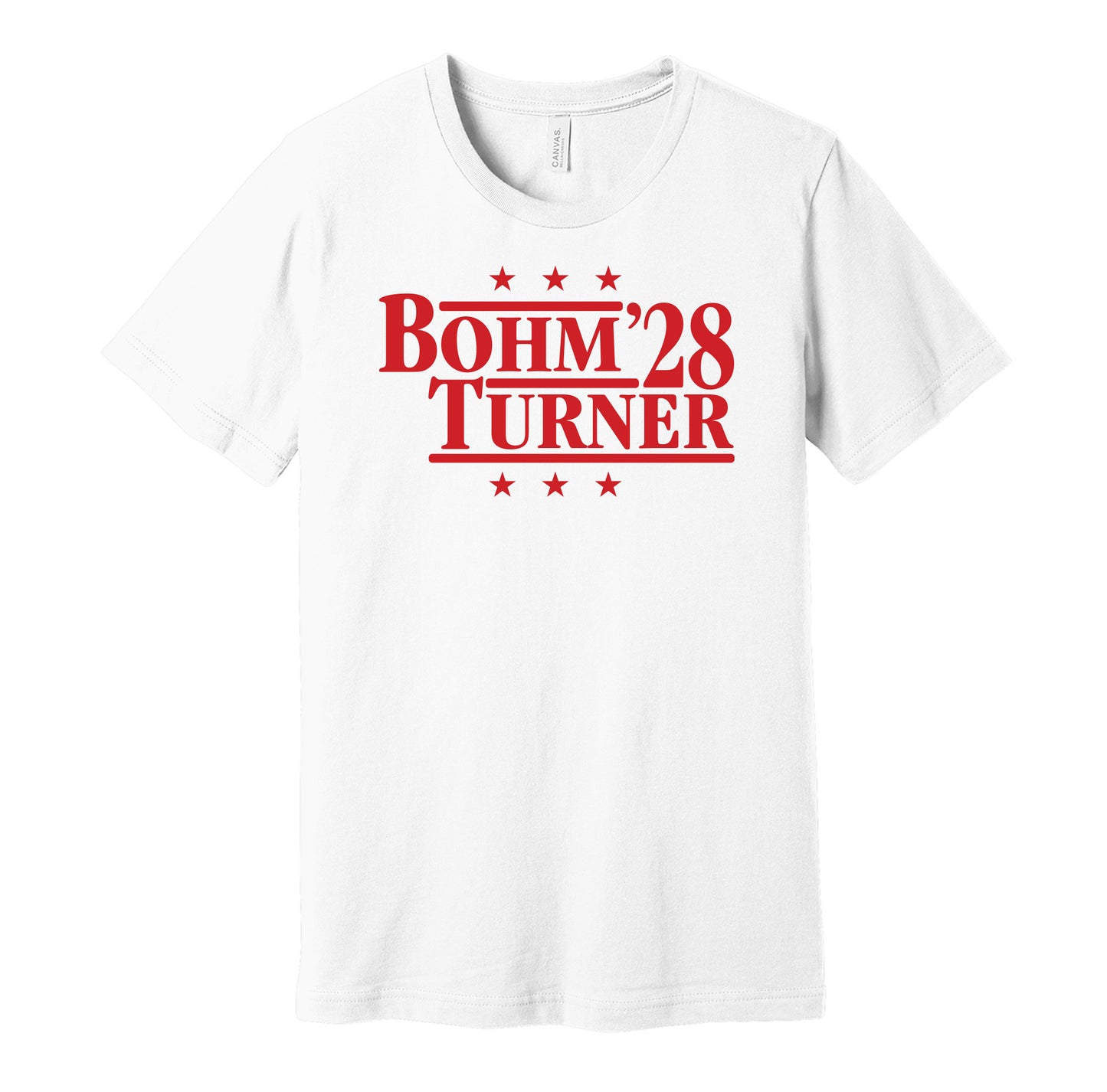 Philadelphia Phillies retro political campaign parody white t-shirt featuring Alec Bohm and Trea Turner '28, designed in a vintage election style by Hyper Than Hype Shirts.
