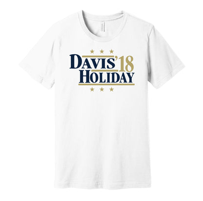 New Orleans Pelicans retro political campaign parody whtie t-shirt featuring Anthony Davis and Jrue Holiday '18, designed in a vintage election style by Hyper Than Hype Shirts.