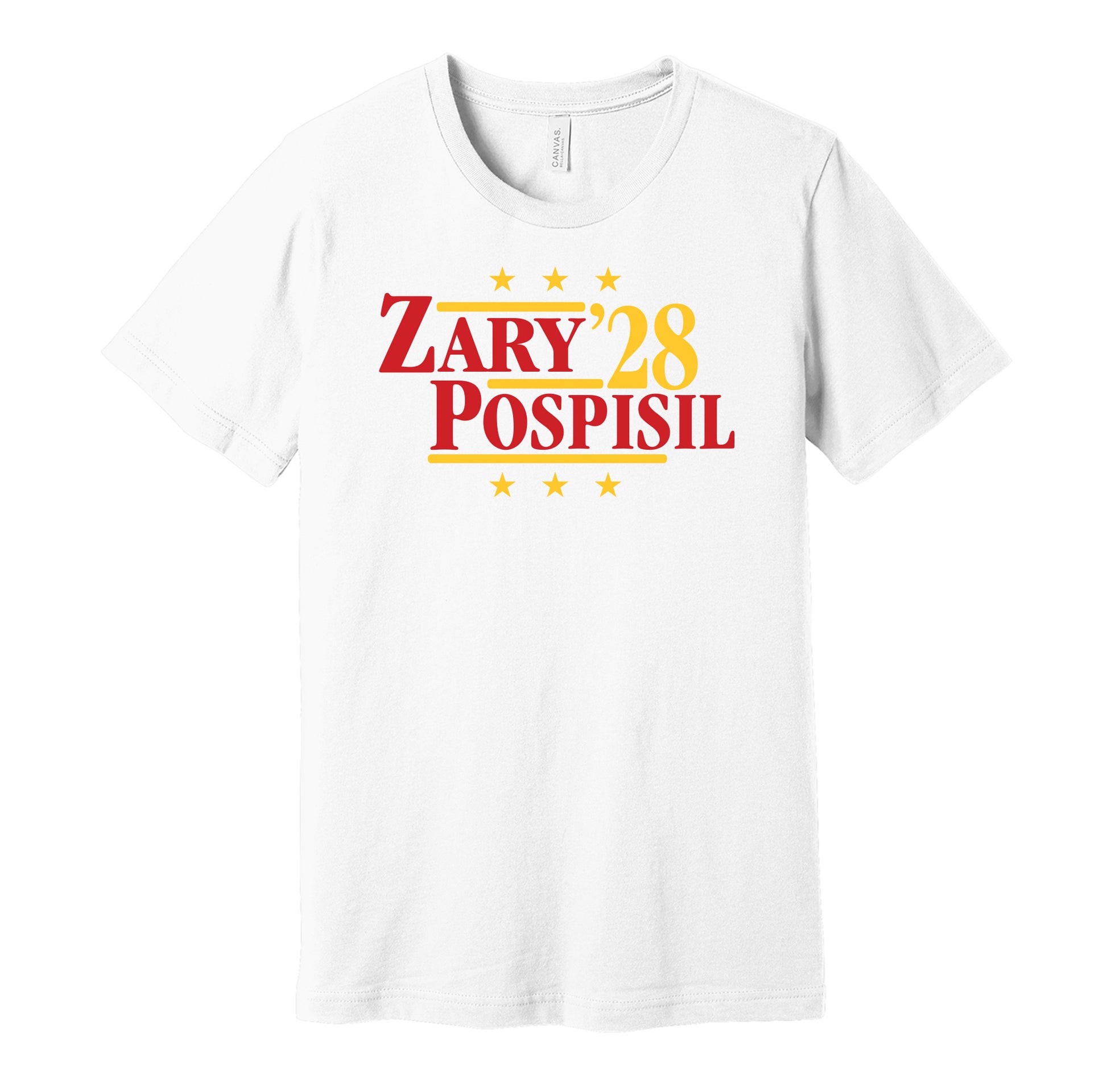 connor zary pospisil for president 2028 calgary flames fan election parody white shirt