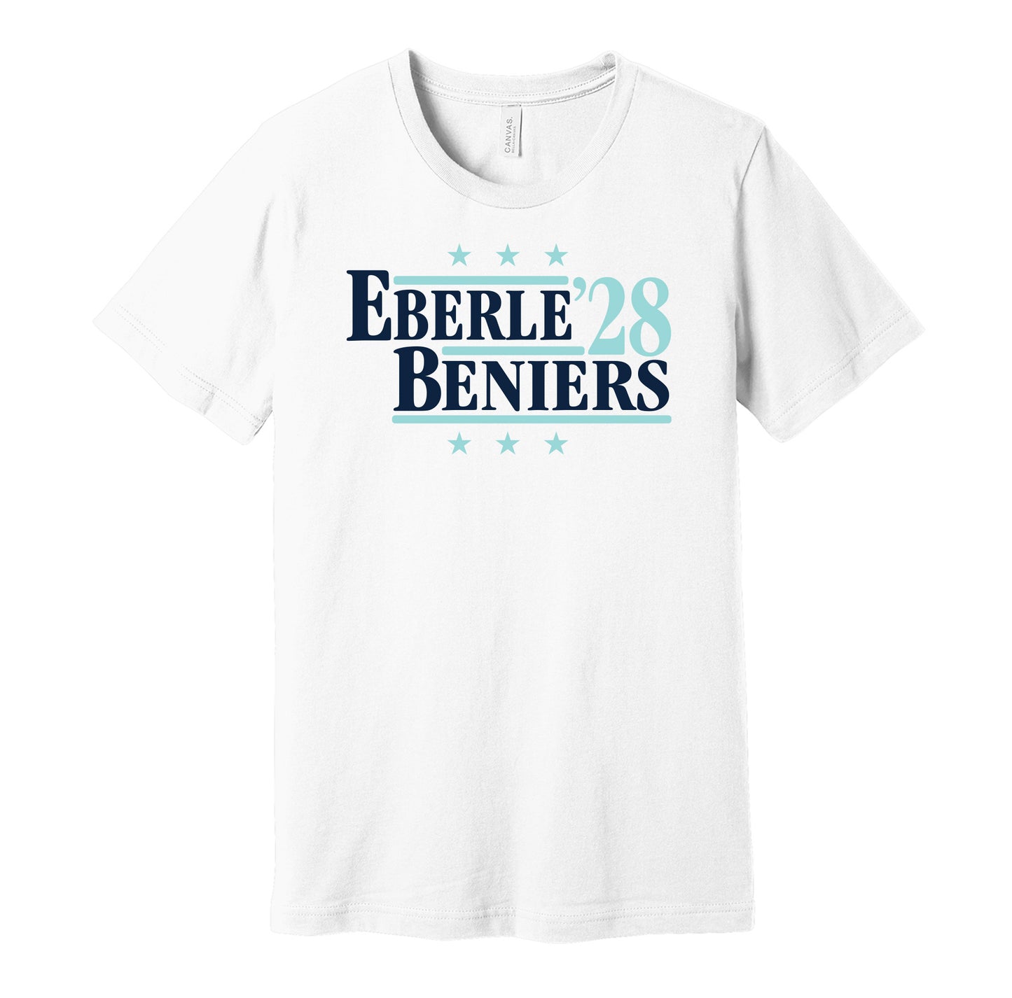 Seattle Kraken retro political campaign parody white t-shirt featuring Jordan Eberle and Matty Beniers '28, designed in a vintage election style by Hyper Than Hype Shirts.