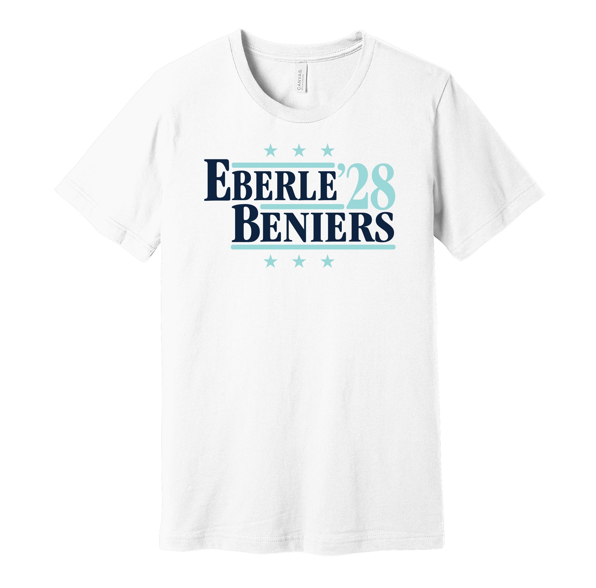 Seattle Kraken retro political campaign parody white t-shirt featuring Jordan Eberle and Matty Beniers '28, designed in a vintage election style by Hyper Than Hype Shirts.