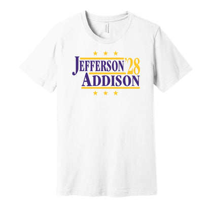 Minnesota Vikings retro political campaign parody white t-shirt featuring Justin Jefferson and Jordan Addison '28, designed in a vintage election style by Hyper Than Hype Shirts.