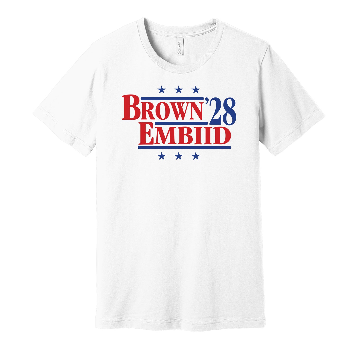 Philadelphia 76ers retro political campaign parody white t-shirt featuring Jaylen Brown and Joel Embiid '28, designed in a vintage election style by Hyper Than Hype Shirts.
