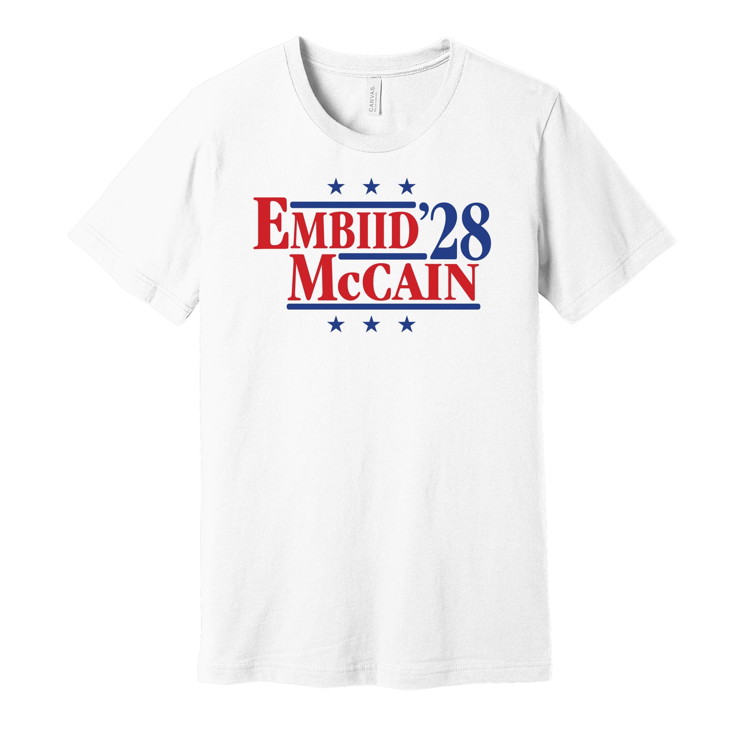 embiid mccain '28 for president 2028 philadelphia 76ers sixers fan election parody white shirt