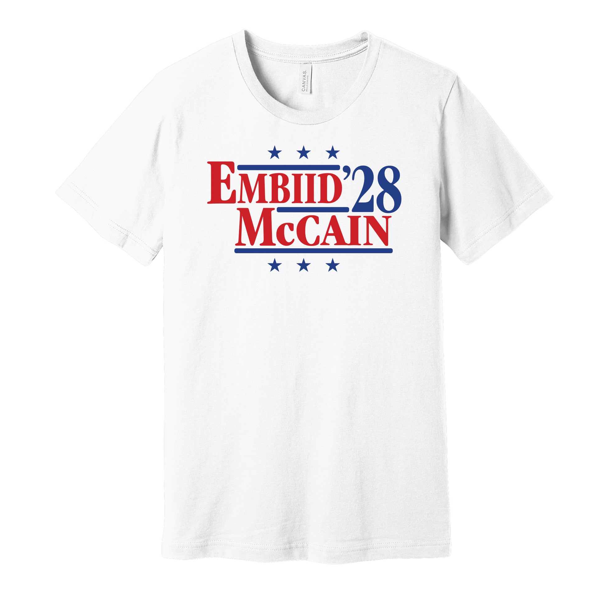 embiid mccain '28 for president 2028 philadelphia 76ers sixers fan election parody white shirt