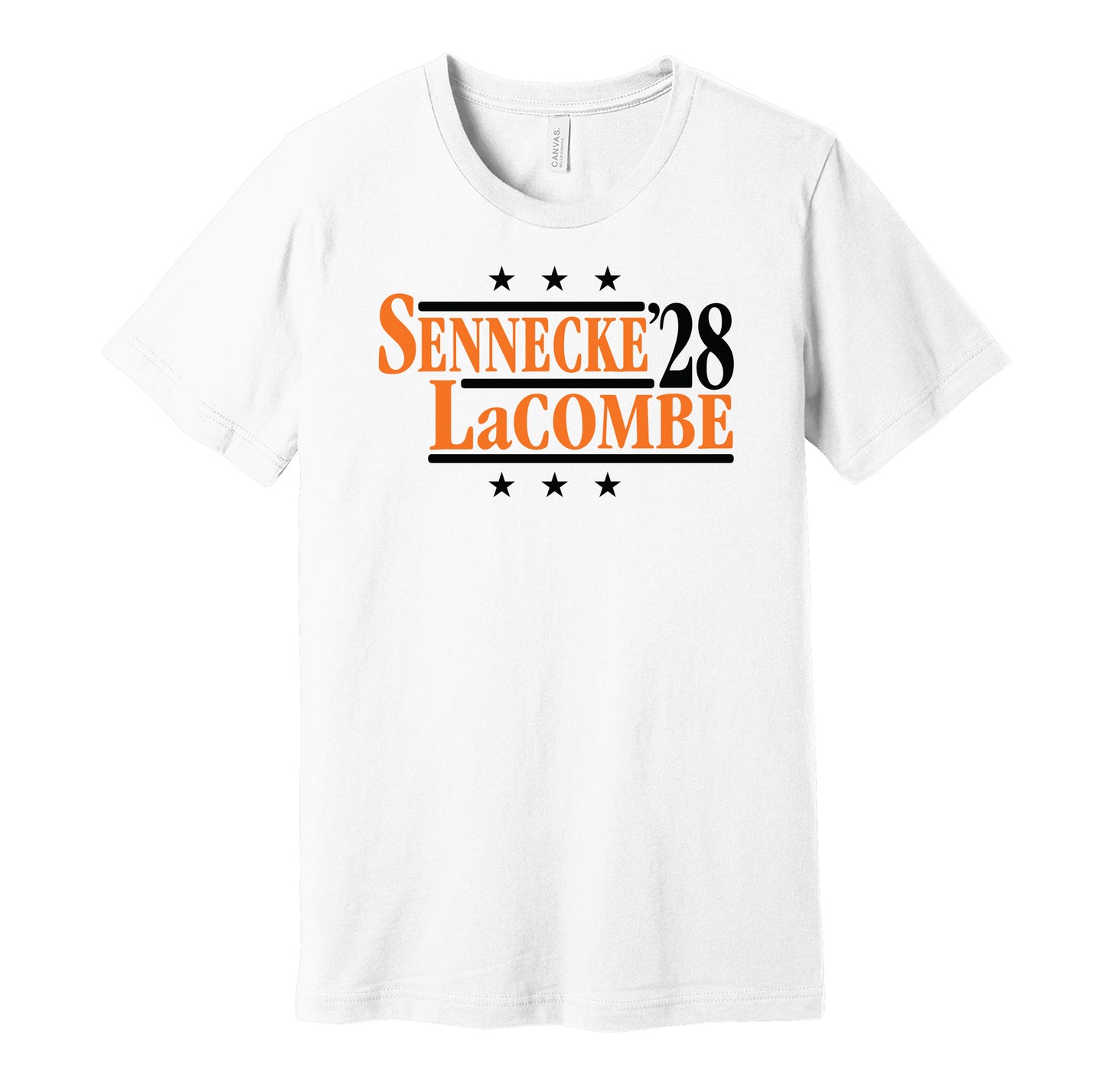Anaheim Ducks retro political campaign parody white t-shirt featuring Beckett Sennecke and Jackson LaCombe '28, designed in a vintage election style by Hyper Than Hype Shirts.