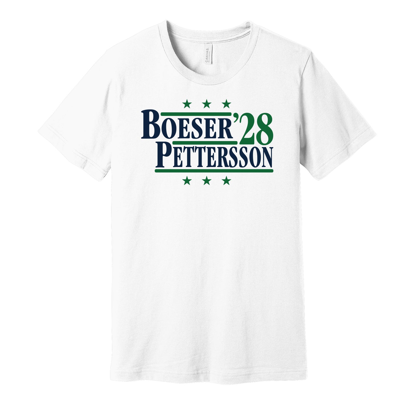 Vancouver Canucks retro political campaign parody white t-shirt featuring Brock Boeser and Elias Pettersson '28, designed in a vintage election style by Hyper Than Hype Shirts.