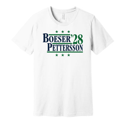 Vancouver Canucks retro political campaign parody white t-shirt featuring Brock Boeser and Elias Pettersson '28, designed in a vintage election style by Hyper Than Hype Shirts.