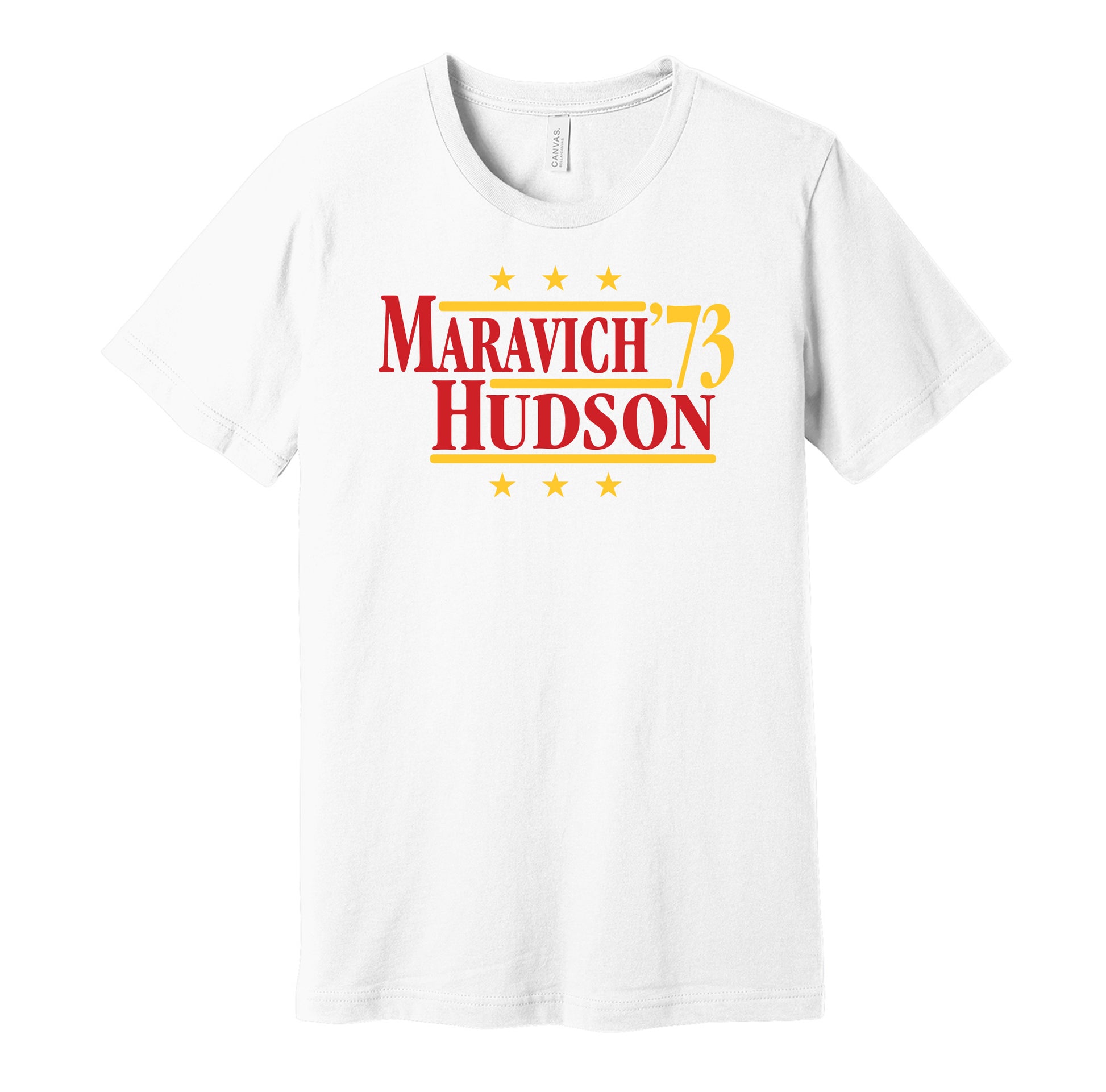 Atlanta Hawks retro political campaign parody white t-shirt featuring Pete Maravich and Lou Hudson '73, designed in a vintage election style by Hyper Than Hype Shirts.