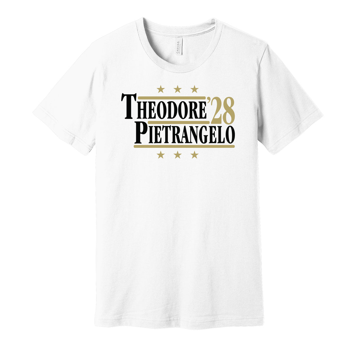 Vegas Golden Knights retro political campaign parody white t-shirt featuring Shea Theodore and Alex Pietrangelo '28, designed in a vintage election style by Hyper Than Hype Shirts.