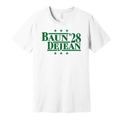 Philadelphia Eagles retro political campaign parody white t-shirt featuring Zack Baun and Cooper DeJean '28, designed in a vintage election style by Hyper Than Hype Shirts.