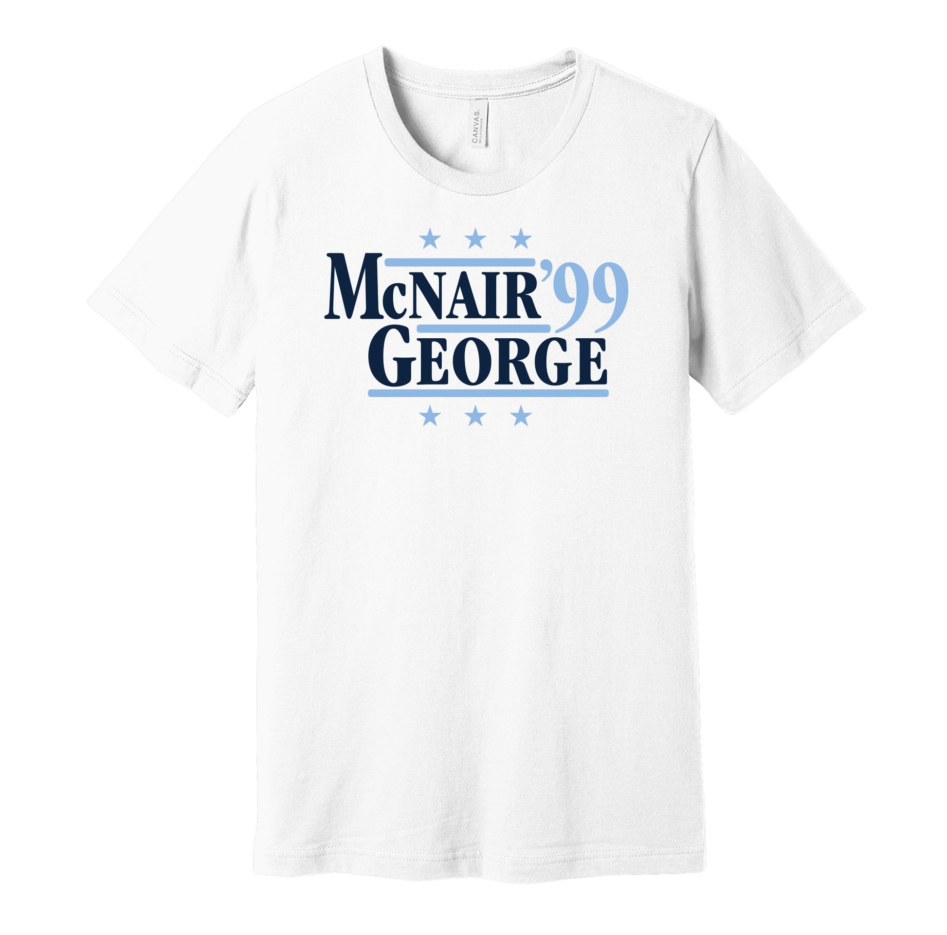 Tennessee Titans retro political campaign parody white t-shirt featuring Steve McNair and Eddie George '99, designed in a vintage election style by Hyper Than Hype Shirts.