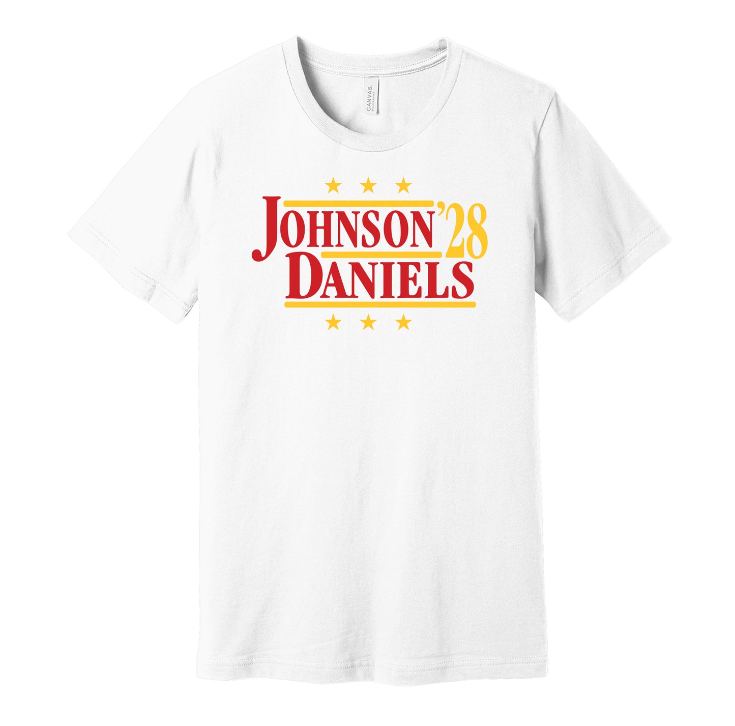 Atlanta Hawks retro political campaign parody white t-shirt featuring Jalen Johnson and Dyson Daniels '28, designed in a vintage election style by Hyper Than Hype Shirts.