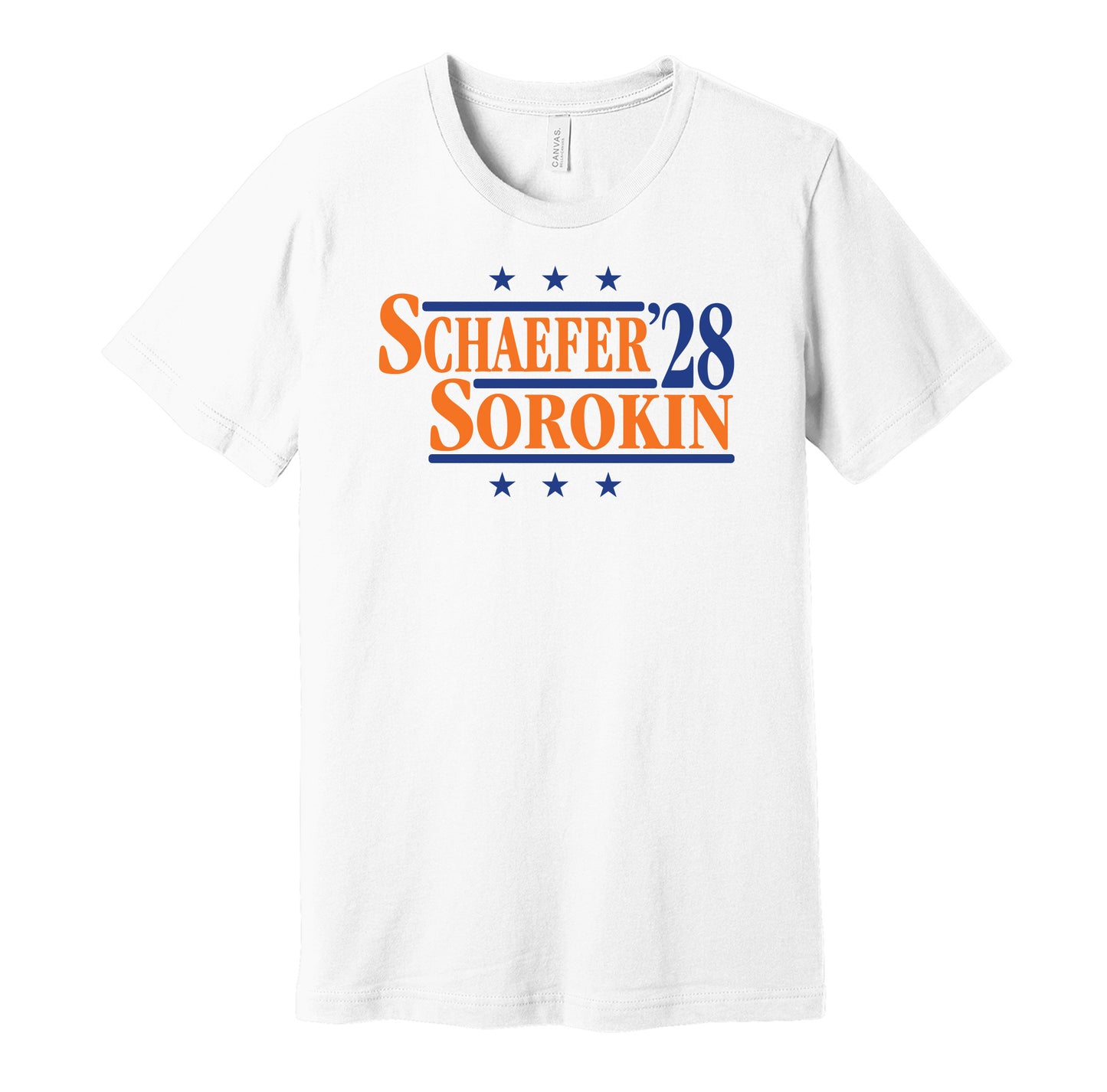 Islanders political campaign parody white t-shirt featuring Matthew Schaefer and Ilya Sorokin '28, by Hyper Than Hype Shirts.