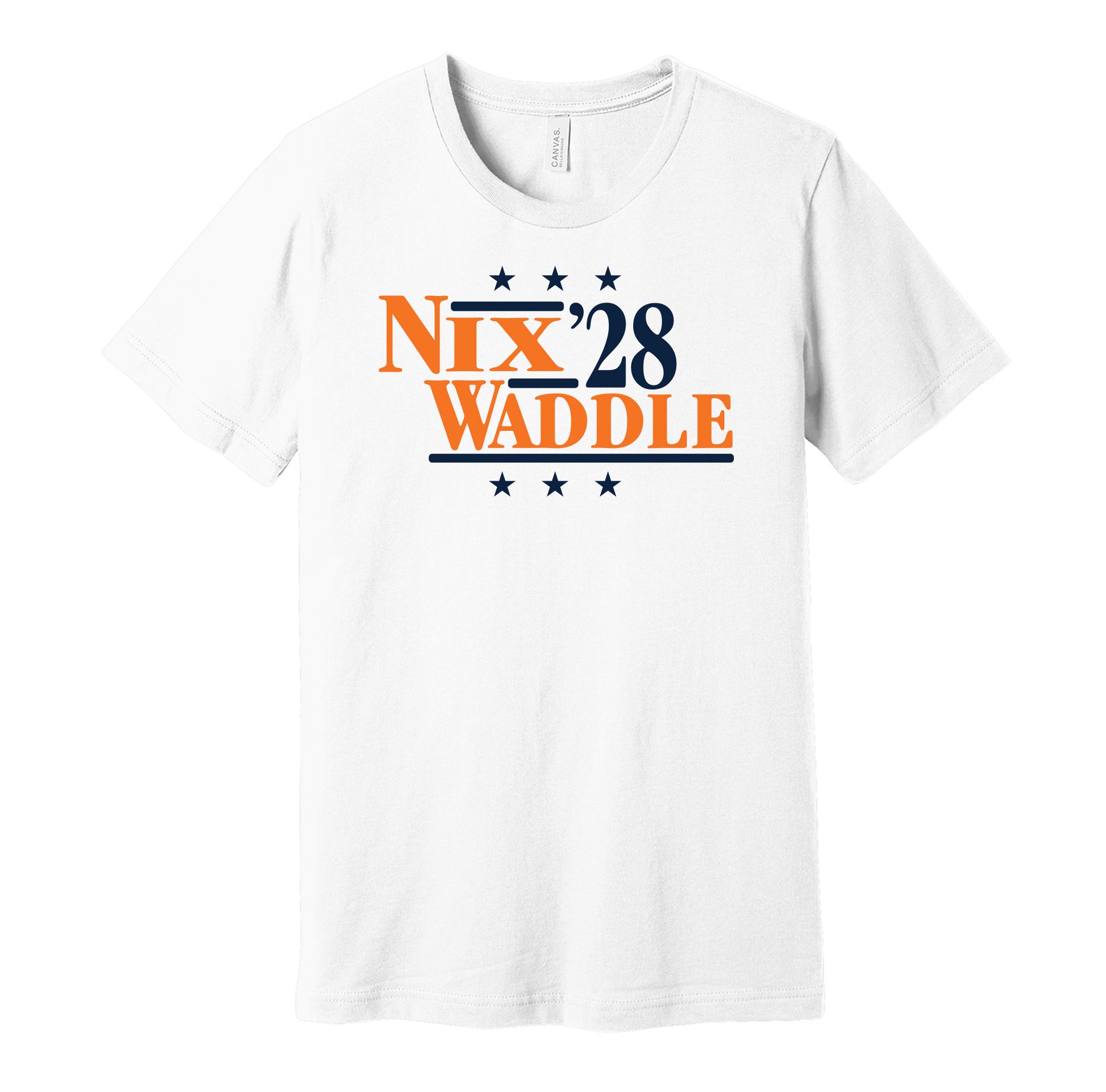 Denver Broncos retro political campaign parody white t-shirt featuring Bo Nix and Jaylen Waddle '28, designed in a vintage election style by Hyper Than Hype Shirts.