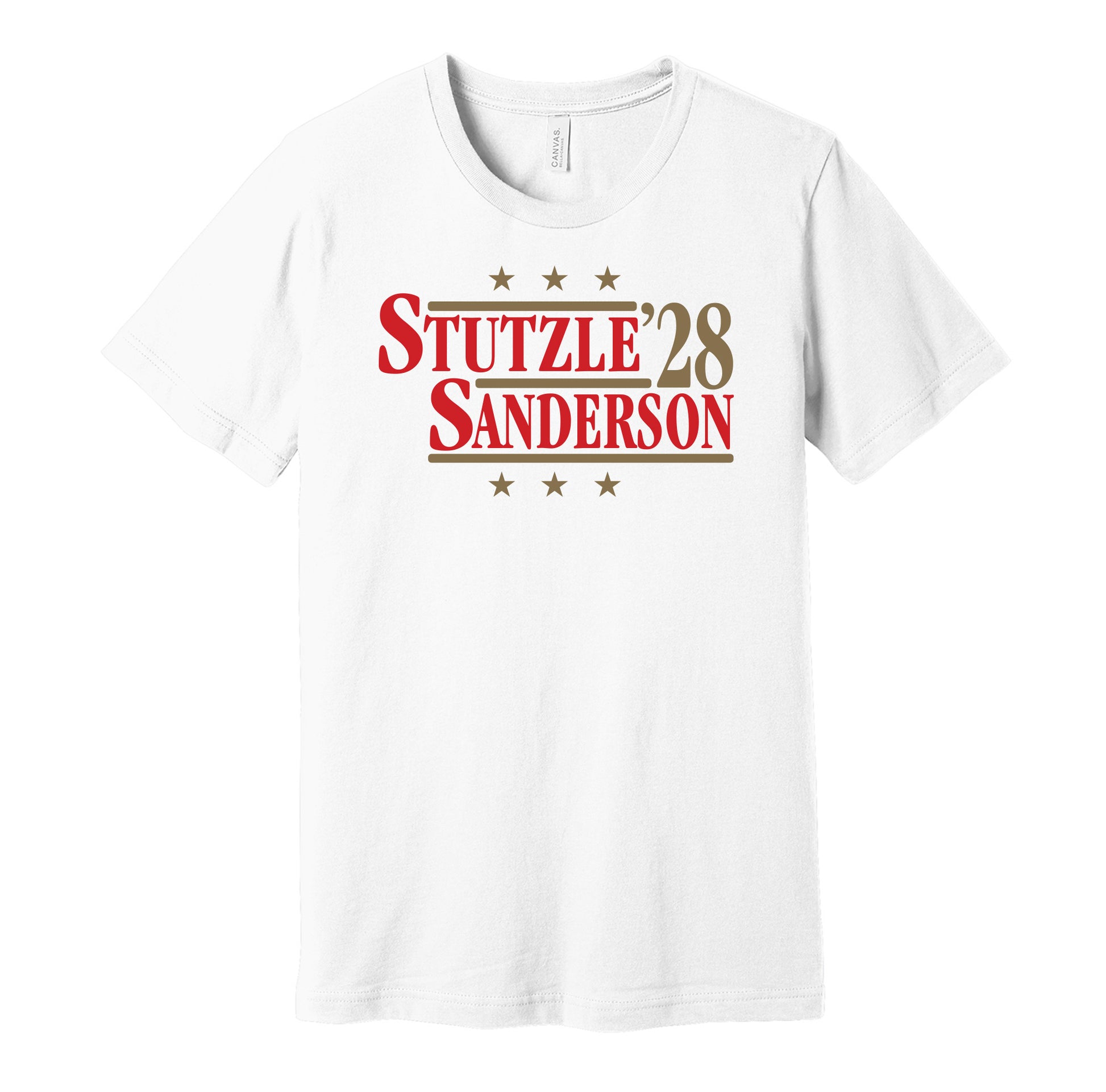 Ottawa Senators retro political campaign parody white t-shirt featuring Tim Stützle and Jake Sanderson '28, designed in a vintage election style by Hyper Than Hype Shirts.