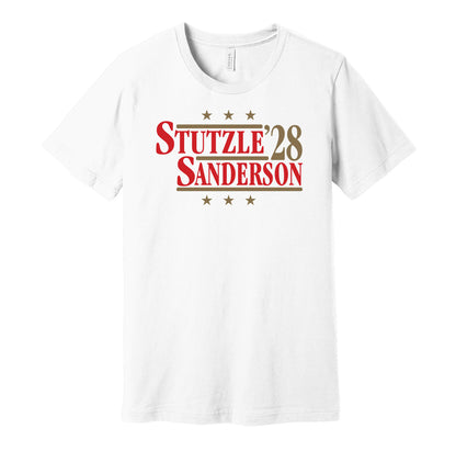 Ottawa Senators retro political campaign parody white t-shirt featuring Tim Stützle and Jake Sanderson '28, designed in a vintage election style by Hyper Than Hype Shirts.