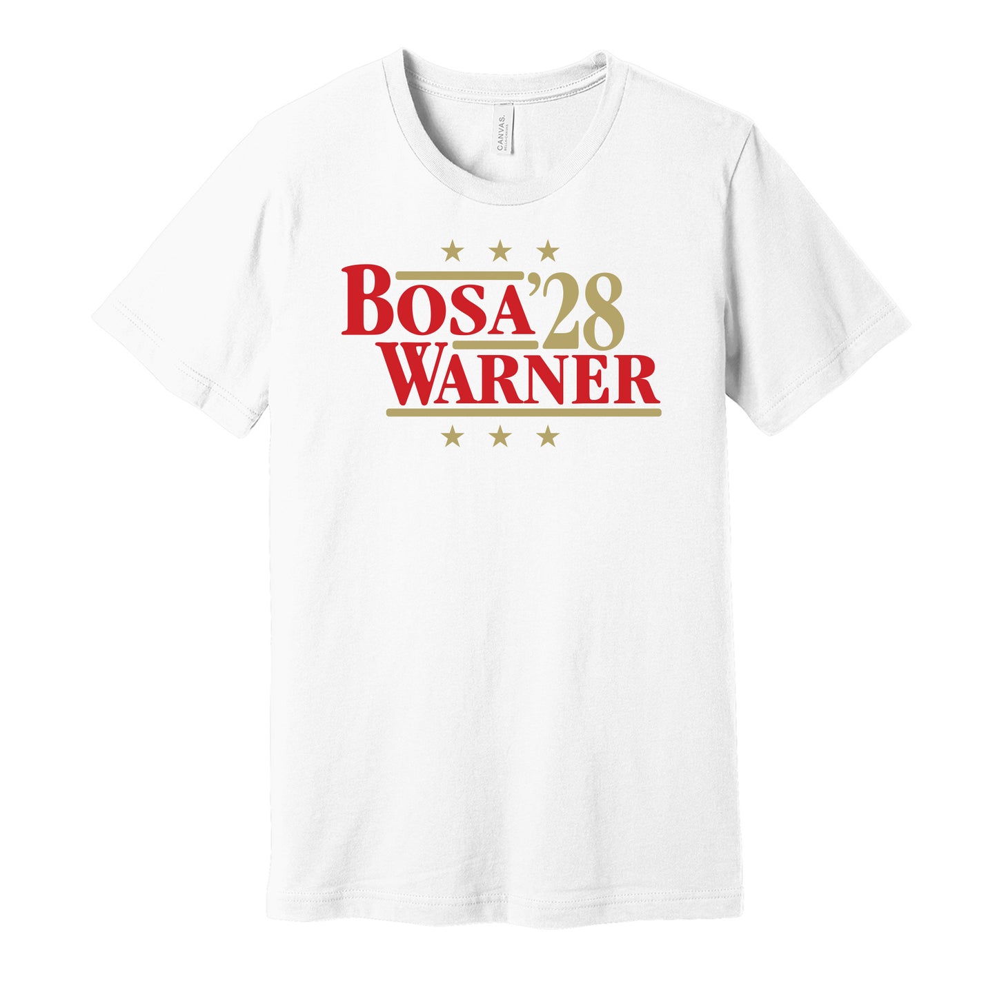 San Francisco 49ers retro political campaign parody white t-shirt featuring Nick Bosa and Fred Warner '28, designed in a vintage election style by Hyper Than Hype Shirts.