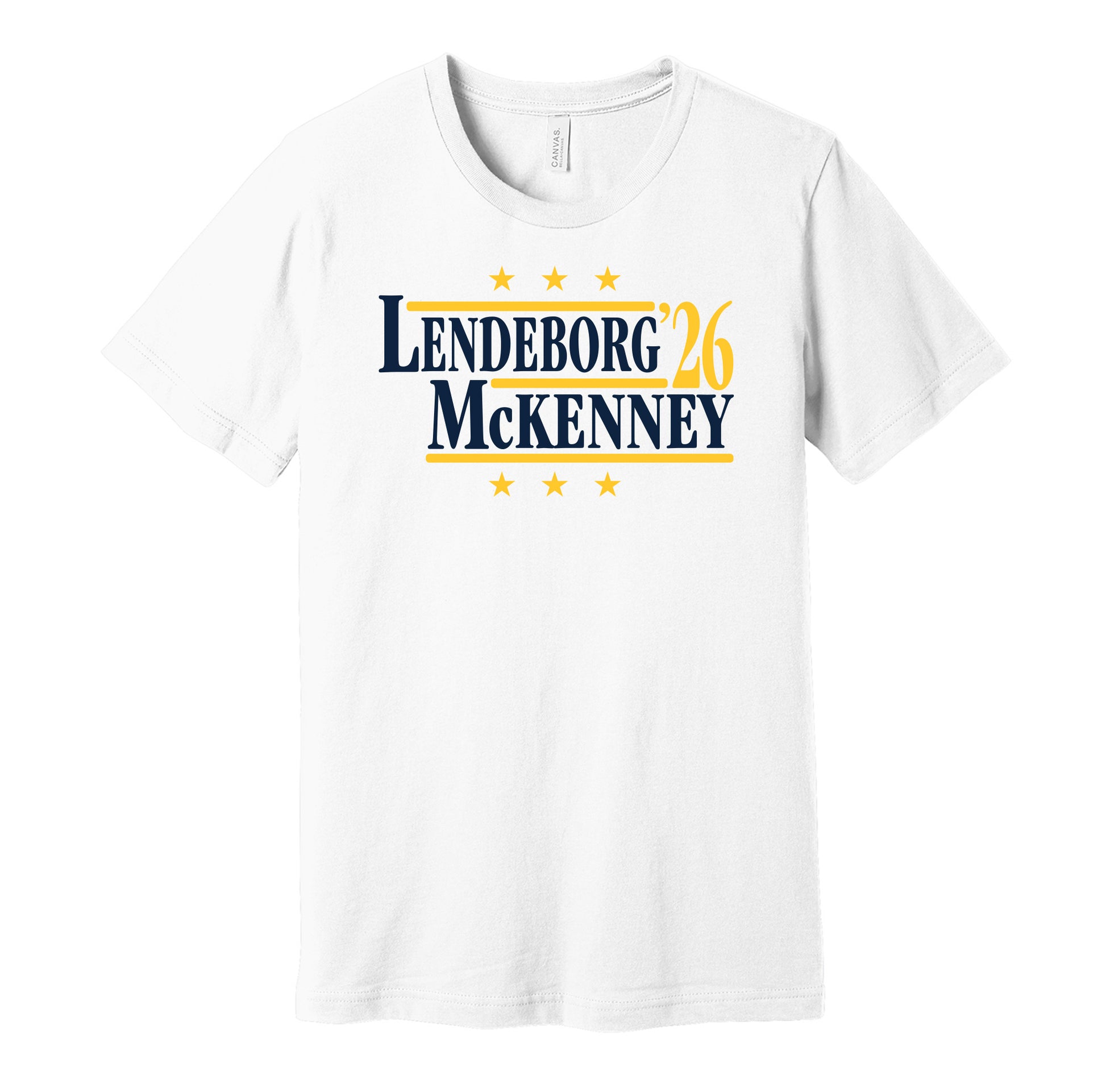 Michigan Wolverines retro political campaign parody white t-shirt featuring Yaxel Lendeborg and Trey McKenney '26, designed in a vintage election style by Hyper Than Hype Shirts.