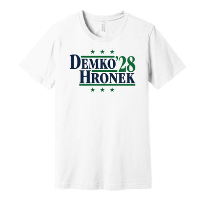 Vancouver Canucks retro political campaign parody white t-shirt featuring Thatcher Demko and Filip Hronek '28, designed in a vintage election style by Hyper Than Hype Shirts.