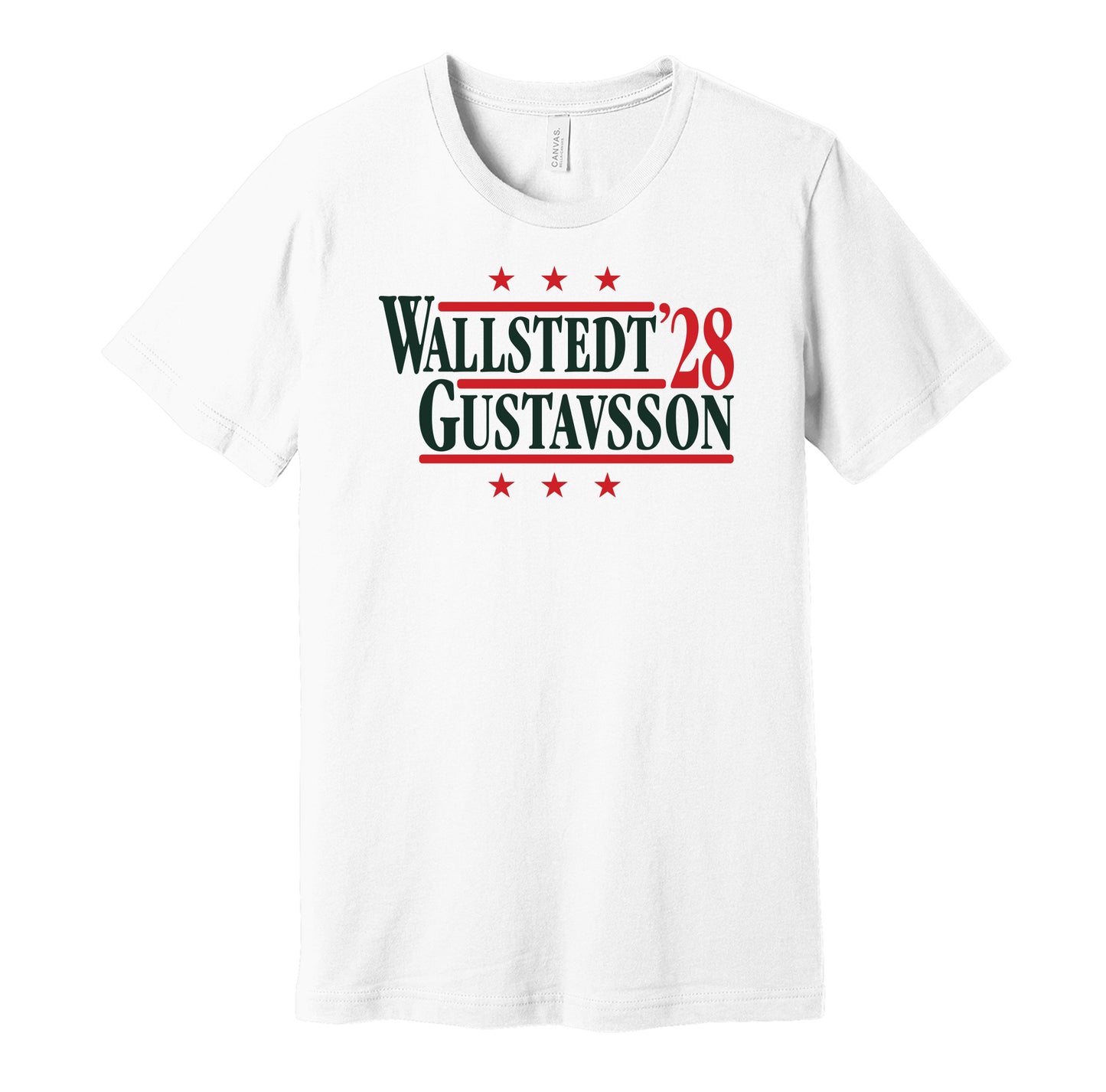Minnesota Wild retro political campaign parody white t-shirt featuring Jesper Wallstedt and Filip Gustavsson '28, designed in a vintage election style by Hyper Than Hype Shirts.