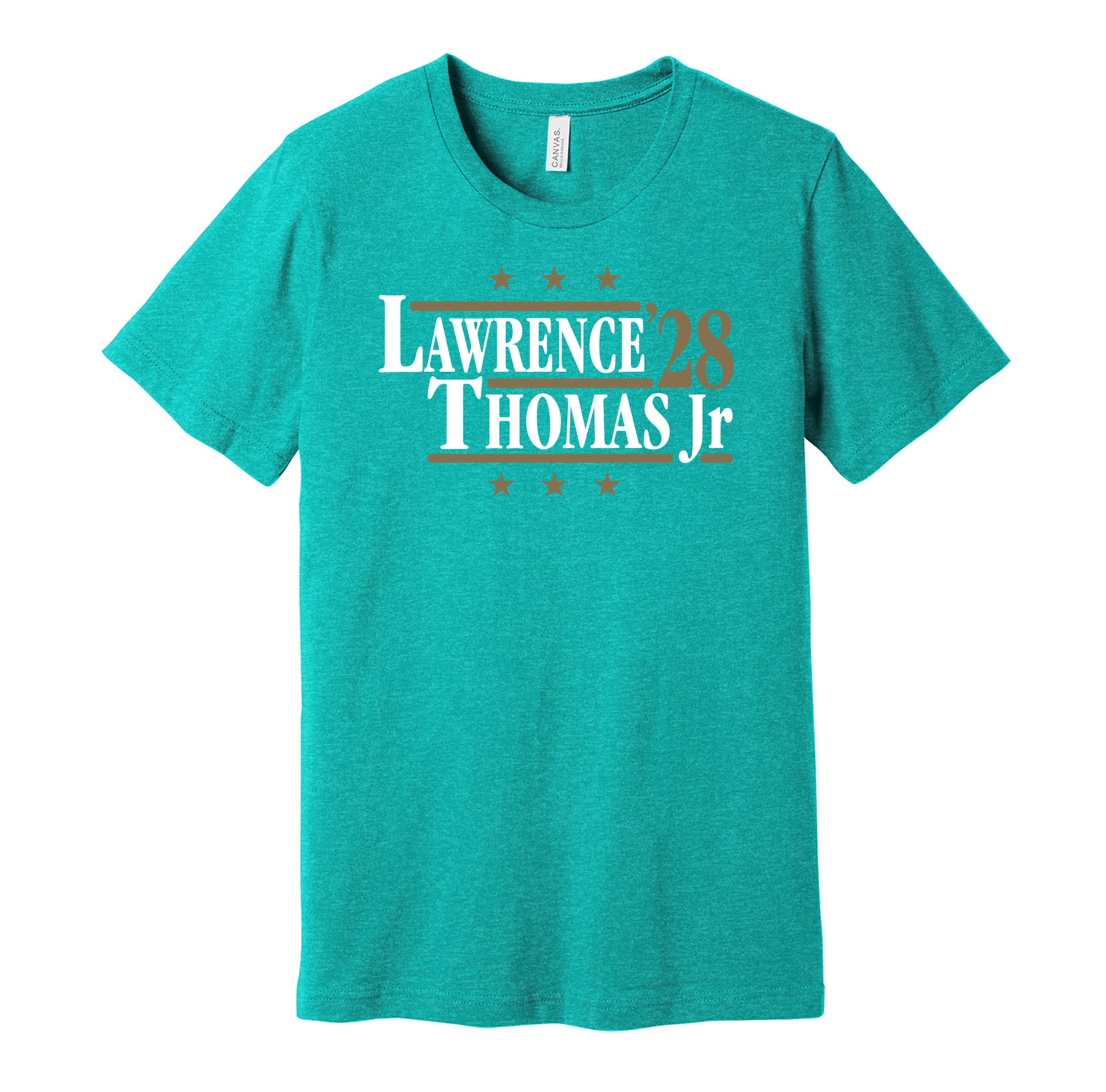 Jacksonville Jaguars retro political campaign parody teal t-shirt featuring Trevor Lawrence and Brian Thomas Jr. '28, designed in a vintage election style by Hyper Than Hype Shirts.
