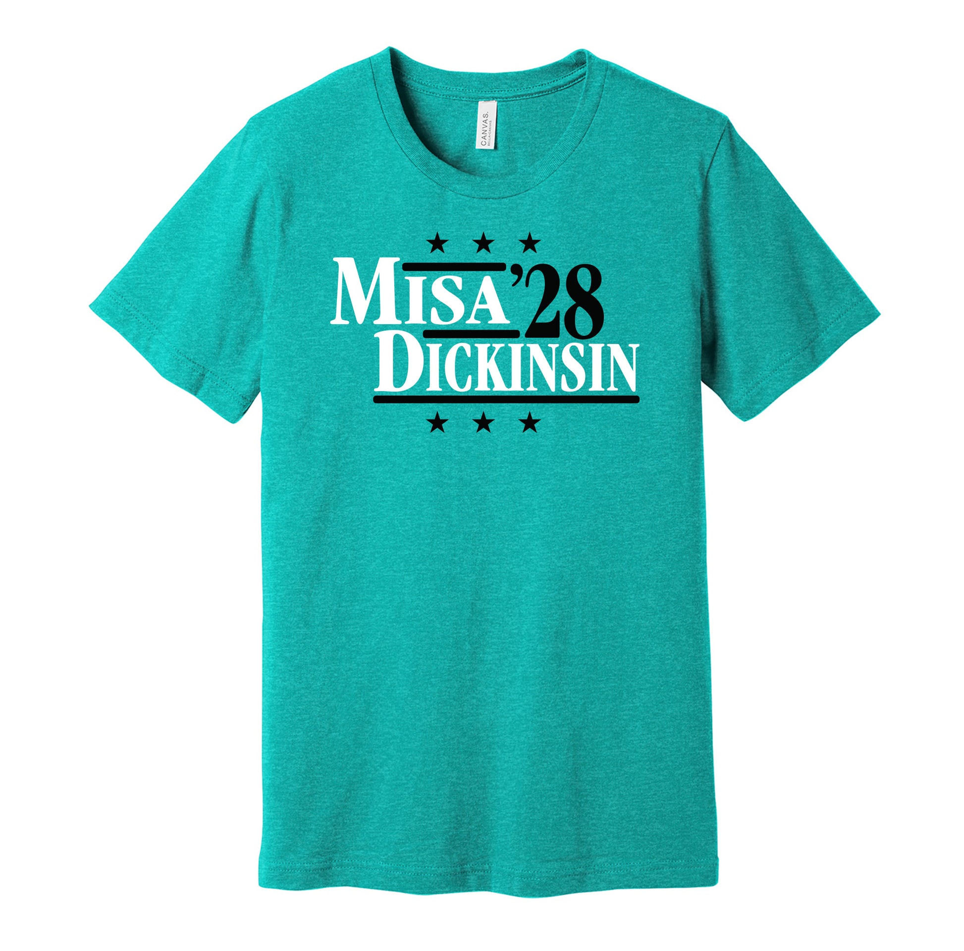 San Jose Sharks retro political campaign parody teal t-shirt featuring Michael Misa and Sam Dickinson '28, designed in a vintage election style by Hyper Than Hype Shirts.