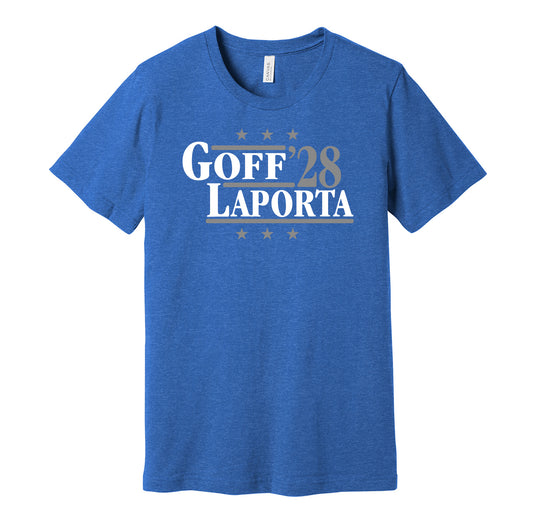 Detroit Lions retro political campaign parody blue t-shirt featuring Jared Goff and Sam LaPorta '28, designed in a vintage election style by Hyper Than Hype Shirts.