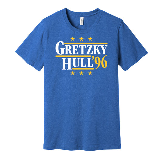 St. Louis Blues retro political campaign parody blue t-shirt featuring Wayne Gretzky and Brett Hull '96, designed in a vintage election style by Hyper Than Hype Shirts.