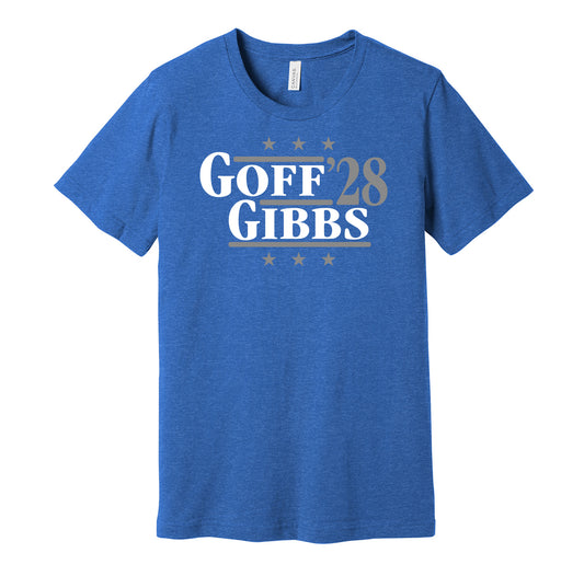 Detroit Lions retro political campaign parody blue t-shirt featuring Jared Goff and Jahmyr Gibbs '28, designed in a vintage election style by Hyper Than Hype Shirts.