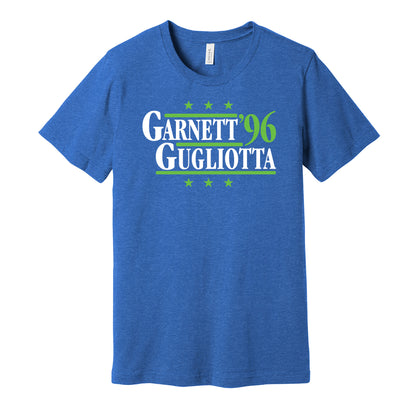 Minnesota Timberwolves retro political campaign parody blue t-shirt featuring Kevin Garnett and Tom Gugliotta '96, designed in a vintage election style by Hyper Than Hype Shirts.