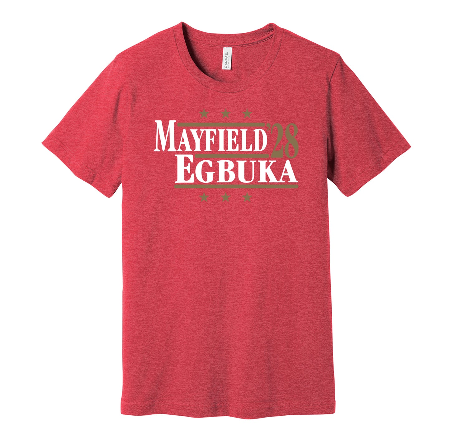 Tampa Bay Buccaneers retro political campaign parody red t-shirt featuring Baker Mayfield and Emeka Egbuka '28, designed in a vintage election style by Hyper Than Hype Shirts.