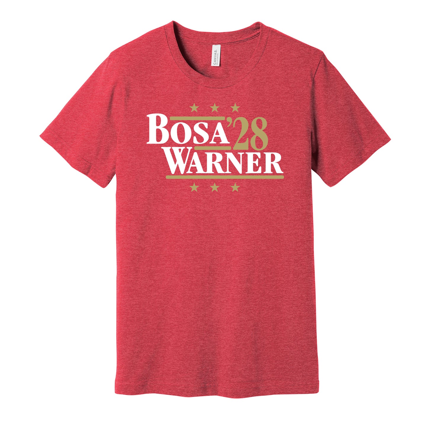 San Francisco 49ers retro political campaign parody red t-shirt featuring Nick Bosa and Fred Warner '28, designed in a vintage election style by Hyper Than Hype Shirts.