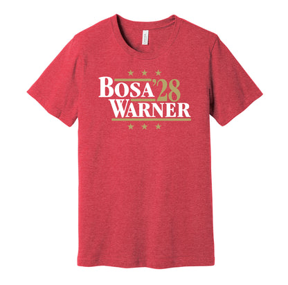 San Francisco 49ers retro political campaign parody red t-shirt featuring Nick Bosa and Fred Warner '28, designed in a vintage election style by Hyper Than Hype Shirts.