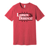 chicago blackhawks red tshirt that says larkin debrincat 24 for presidential election parody tee