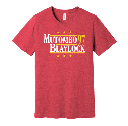 Atlanta Hawks retro political campaign parody red t-shirt featuring Dikembe Mutombo and Mookie Blaylock '97, designed in a vintage election style by Hyper Than Hype Shirts.