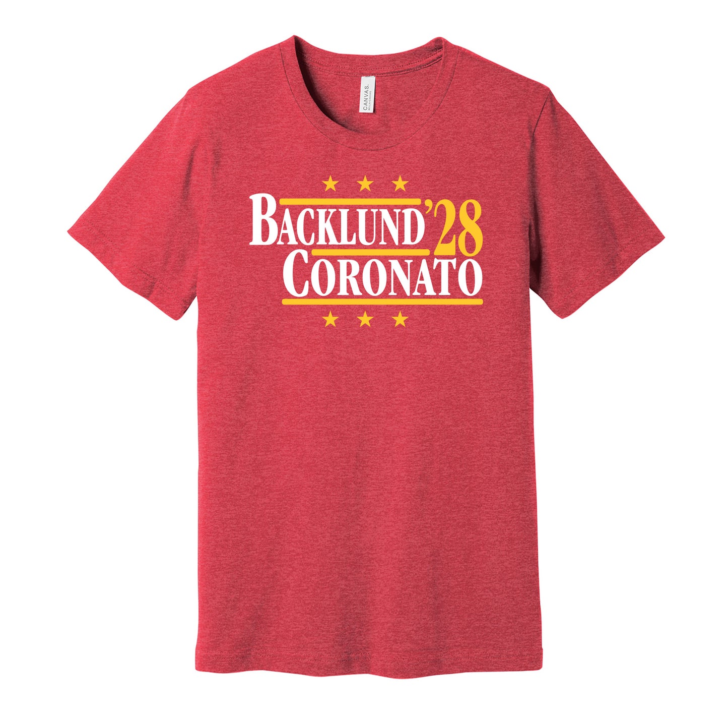 Calgary Flames retro political campaign parody red t-shirt featuring Mikael Backlund and Matt Coronato '28, designed in a vintage election style by Hyper Than Hype Shirts.