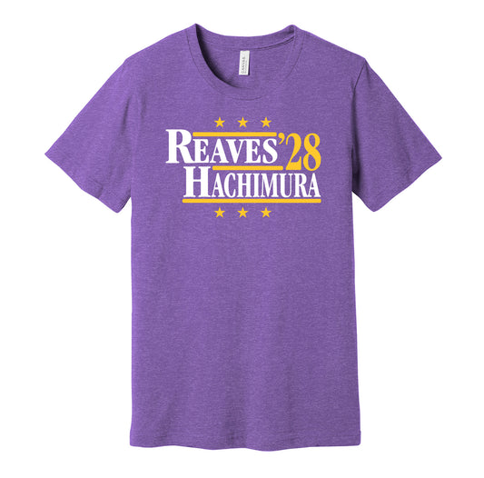 Los Angeles Lakers retro political campaign parody purple t-shirt featuring Austin Reaves and Rui Hachimura '28, designed in a vintage election style by Hyper Than Hype Shirts.