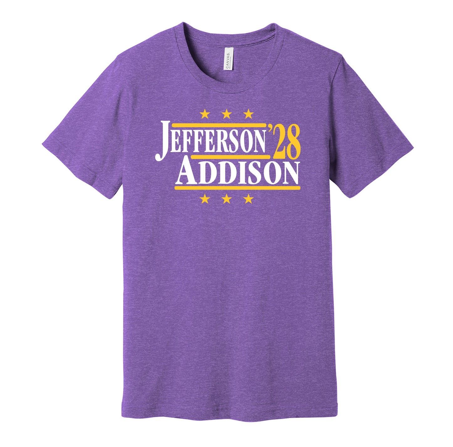 Minnesota Vikings retro political campaign parody purple t-shirt featuring Justin Jefferson and Jordan Addison '28, designed in a vintage election style by Hyper Than Hype Shirts.