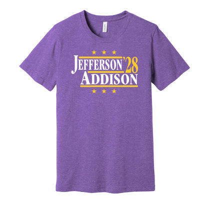 Minnesota Vikings retro political campaign parody purple t-shirt featuring Justin Jefferson and Jordan Addison '28, designed in a vintage election style by Hyper Than Hype Shirts.