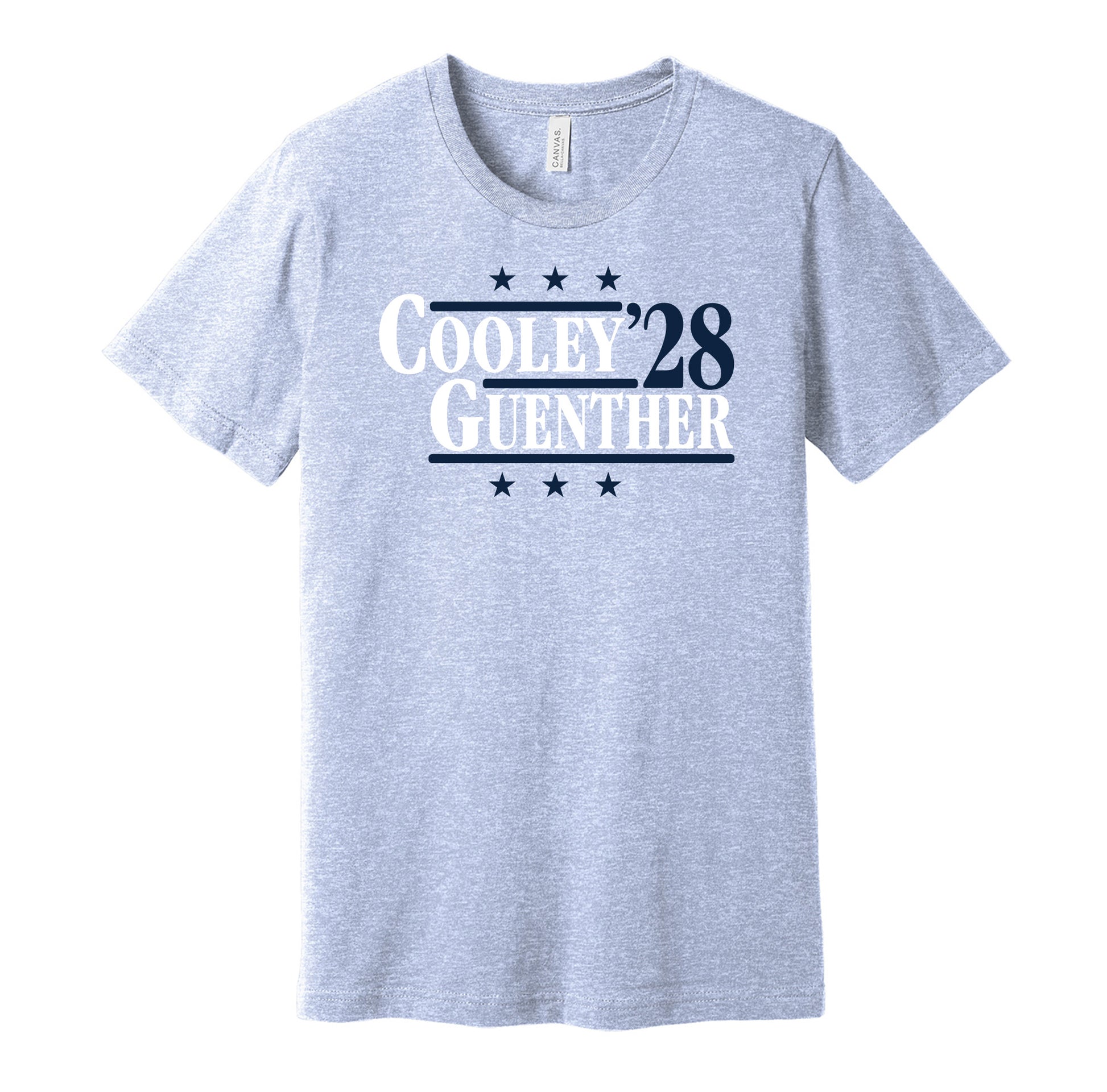 Utah Mammoth retro political campaign parody light blue t-shirt featuring Logan Cooley and Dylan Guenther '28, designed in a vintage election style by Hyper Than Hype Shirts.