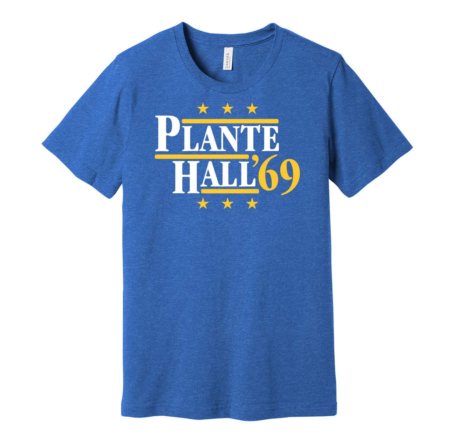 St. Louis Blues retro political campaign parody blue t-shirt featuring Jacques Plante and Glenn Hall '69, designed in a vintage election style by Hyper Than Hype Shirts.