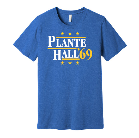 St. Louis Blues retro political campaign parody blue t-shirt featuring Jacques Plante and Glenn Hall '69, designed in a vintage election style by Hyper Than Hype Shirts.