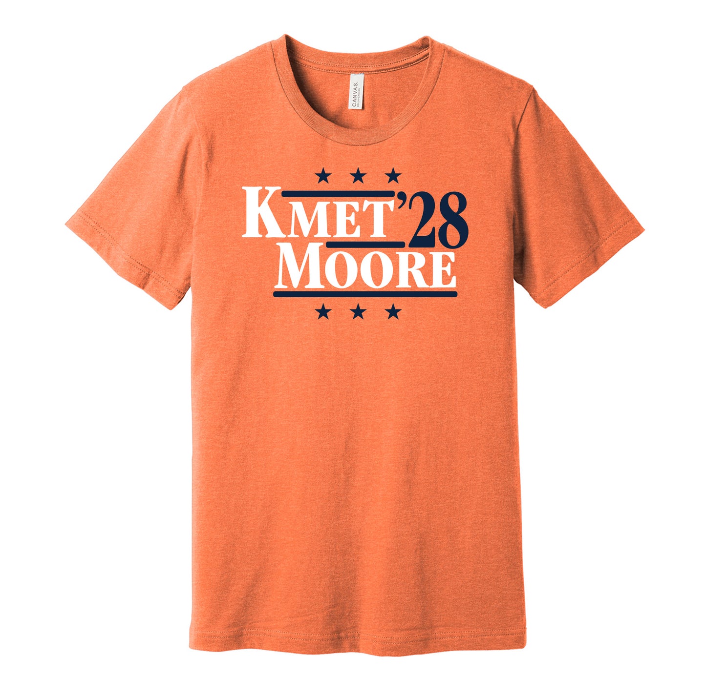 Chicago Bears retro political campaign parody orange t-shirt featuring Cole Kmet and DJ Moore '28, designed in a vintage election style by Hyper Than Hype Shirts.